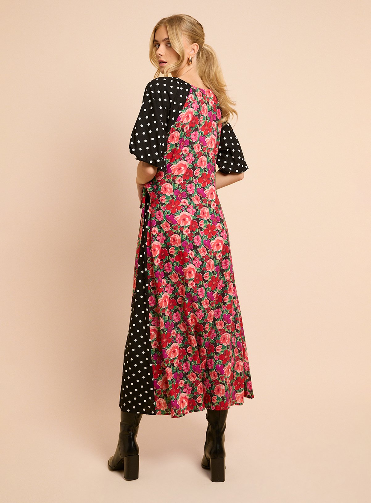 DOROTHY PERKINS Floral Spot Mix Puff Sleeve Print Mix Wrap Midi Dress 14 - Image 3 thumbnail